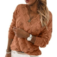 Ženska proljeća i jesenska modna boja čvrsta boja V-izrez Pleteni džemper