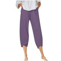 Ženske pamučne i posteljine hlače labavi modni elastični struk čvrste boje sedam bodova hlača sa džepovima