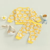 Multitrast cvjetno tiskovina za bebe odjeću odjeću, žuti okrugli vrat dugih rukava i vezanje džepnih