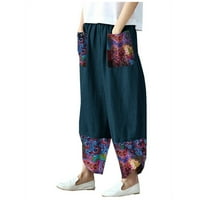 Yuehao hlače za žene, ležerne pamučne posteljine ispis patchwork neregularne labave široke pantalone