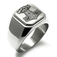 Četric od nehrđajućeg čelika Mjolnir Thor HAMMER VIKING Norse ugravirani kvadratni ravni prsten za polirani