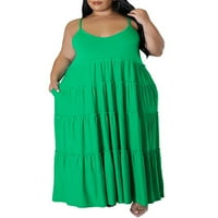 Woobling Ladies Sundress Solid Boja dugačka haljina Swing Ljeto Maxi haljine Žene Prevelike plažu Green