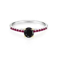 Gem Stone King 1. CT Black Sapphire Crveno stvoreno Ruby 10k bijeli zlatni prsten sa žutim zlatnim zupcima
