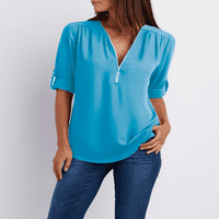 Ženska modna majica Šifon majica Zipper Dizajn V izrez Women Plus size Bluza Majica Labavi bluza s rukavima