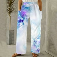 Žene proljeće i ljetne casual za odmor cvjetni print pantalone džep široke noge hlače plavi xxl