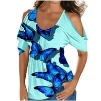 T majice za žene nebe plave ponude za čišćenje žena klasični cvijet crewneck kratki rukav s ramena Tuntic
