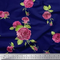 Soimoi Blue Crepe svilena tkanina od lišća i ružičaste ruže cvijeće za ispis tkanina sa širokim dvorištem