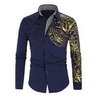 Miluxas dugih rukava Majica za majicu Muški ležerni poklopac dugmeta Collar Gumb Print Top Bluza Navy
