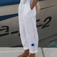 Airpow Clearence Modne žene Ljetne casual labavo pamučne i posteljine džepom Štampari hlače bijeli l