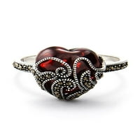 Vintage Style Garnet Stakleno srce Sterling Srebrni markazitni prsten, Veličina prstena 9