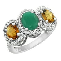 10k bijeli zlatni prirodni hq smaragd i viski kvarc 3-kameni prsten ovalni dijamant naglasak, veličine
