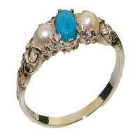Britanci izrađeni 18k bijeli zlatni prirodni tirkizni i kultivirani biserni ženski trilogijski prsten