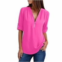 Žene ljetne majice s dugim rukavima Zip Casual Tunika V izrez za vrat Vruća vruća ružičasta m