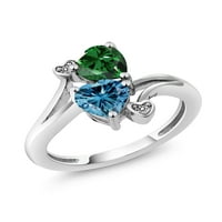 Gem Stone King Sterling Silver Dvostruki srčani prsten za žene Nano smaragd i perzijski plavi moissinite