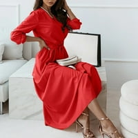 Royallove ženska modna casual solidna boja V-izrez čipke elastični struk dugih rukava šifrene haljine
