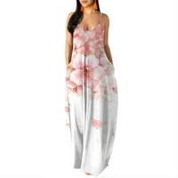 Ljetne haljine za žene dugim labavim tiskanim bez rukava Maxi V-izrez dnevno haljina ružičasta L