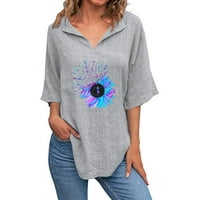 Puawkoer Womens V majice s kratkim rukavima tisak suncokretovog pamučnog posteljina za bluzu za bluzu