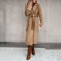 Zimski kaputi za žene ženska bluza vunene kapute tanki kaput dugačka jakna dame tanki dugi remen elegantni prekožetni odjeća Khaki + L