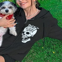 Žene Gothic Punk dukseve Halloween Zip-up dukserica, kostur skelentskim printom labavo Potpuno pulover s dugim rukavima s džepovima