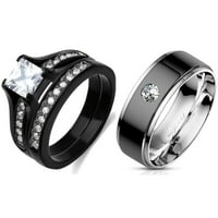 Par prsten zrna princeza CZ C CRNI IP nehrđajući čelik prsten mens bezel set CZ Vjenčana traka veličine