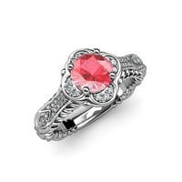 Ružičasti turmalinski i dijamant cvjetni halo zaručnički prsten 1. CT TW u 14k bijelo zlato.Size 5
