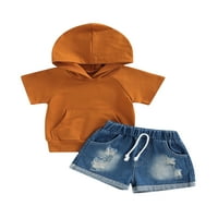 Eyicmarn Toddler Ljeto odijelo, puni boja s kapuljačom kratkih rukava + elastični šarci za djecu, mjeseci do godina