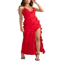 JXZOM Žene Bodycon duge haljine špagete kaišev V-izrez Haljina bez leđa Rufled Slim Fit Split haljina