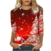 Štednja veri božićne majice za žene casual okrugli vrat dugih rukava božićni grafički grafički ispiši lagani vrhovi crvene s