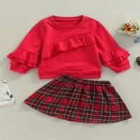 0-5Y jesen Dječja djevojka odjeća set ruffle crveni čvrsti okrugli vrat dugih rukava labav puloveri
