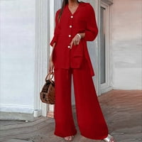Široke pantalone za noge za žene Outfits casual dugačak dugih rukava dolje majica posteljina hlače Loungeward Streetwear Crveno m