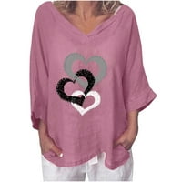 Caveitl Womens Ljetni vrhovi, ženska modna tiskana V- izrez Three Quarter rukava majica Bluza Labavi vrhovi Pink, XXL