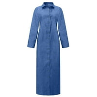 Ljetne haljine za žene V-izrez Dužina dužine Moda A-line pune haljine na plaži s dugim rukavima plava