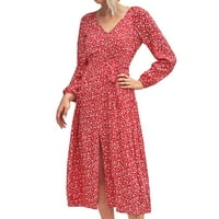 Dame V izrez struk cvjetni gumb s dugim rukavom prorezom ženske casual haljina crvena m