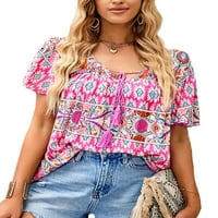 Voguele Women TEE V izrez T Majica Floralna print majica Plaža Tunika Bluza Tassel Ljetni vrhovi Pink