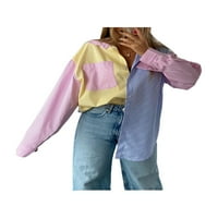 Ženska kontrastna boja prugasta ispis za bluze za bluze u obliku brusnih majica šik vrhovi sa džepom