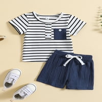 Eyicmarn Toddler Boys Ljetni outfit setovi kratkih rukava Striped Tops + SOLD COLOR kratke hlače