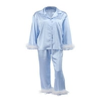 Žene satenske svilene pidžame postavilo dugme dugih rukava dolje od perja na vrhu i hlače PJS SLEEPWAER