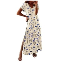 Duga haljina, žensko ljeto tiskovina kratkog rukava s kratkim rukavima, tabla prekrivena haljina na