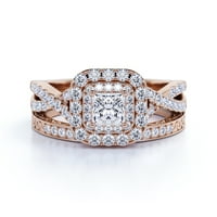 1. CT - Square Moissanite - dvostruki halo - upleten bend - vintage inspiriran - pave - vjenčani prsten set u 18K ružičastog zlata preko srebra