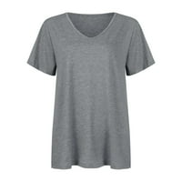 Bazyrey Womens Ljetni vrhovi Čvrsta tiskana bluza Ženka V izrez Trendi kratki rukav labav tunik T-majice Siva l