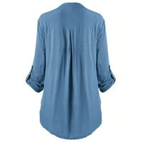 Tking Fashion Womens Dugi rukav Solid TOPS Ljeto V izrez Čipkaste patchwork botton majice Light Blue