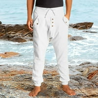 Elneeeya Ljetni muški pamučni pamučni i posteljina modne ležerne pantalone sa visokim strukom bijeli
