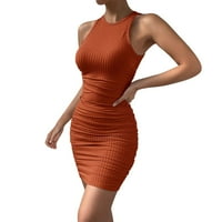 Ženske ljetne haljine Ženske čvrste bez rukava okrugle vrat naletene utegnute haljine za haljine za žene narančaste s
