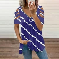 Ženska modna povremena patentni zatvarač s V-izrezom tiskani majica s kratkim rukavima s kratkim rukavima Top Blue XXXL