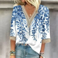 Caveitl ženski vrhovi Trendy, modni ženski ljetni V-izrez na rukavu za ispis ležerne majice bluza plava, s
