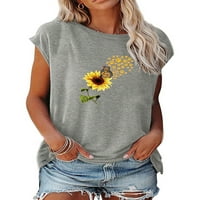 Pfysire Women cvjetni print kratkih rukava majica bluza bluza Crew vrat na vrhu siva l