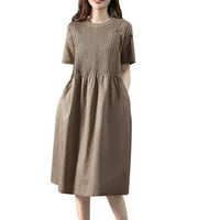 Žene Ljetne tuničke haljine casual okrugli vrat kratki rukav od pune boje labave pamučne haljine s džepovima