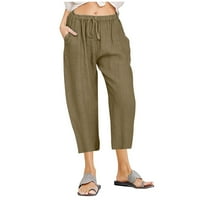 Yuwull ženska pamučna posteljina kapris elastična visoka struka plus veličina pune boje teretni pantalone casual ravne džepne pantalone na klirensu