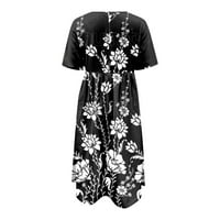 Clearsance Ljetne haljine za žene Maxi Maxi vruće prodaje Ispisano Fit & Flare okrugla izrez Dress Crna