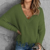 Dukseri za žene Žene Labave Ležerne prilike V vrat pulover HEM Fringe Solid Color Pleted džemper